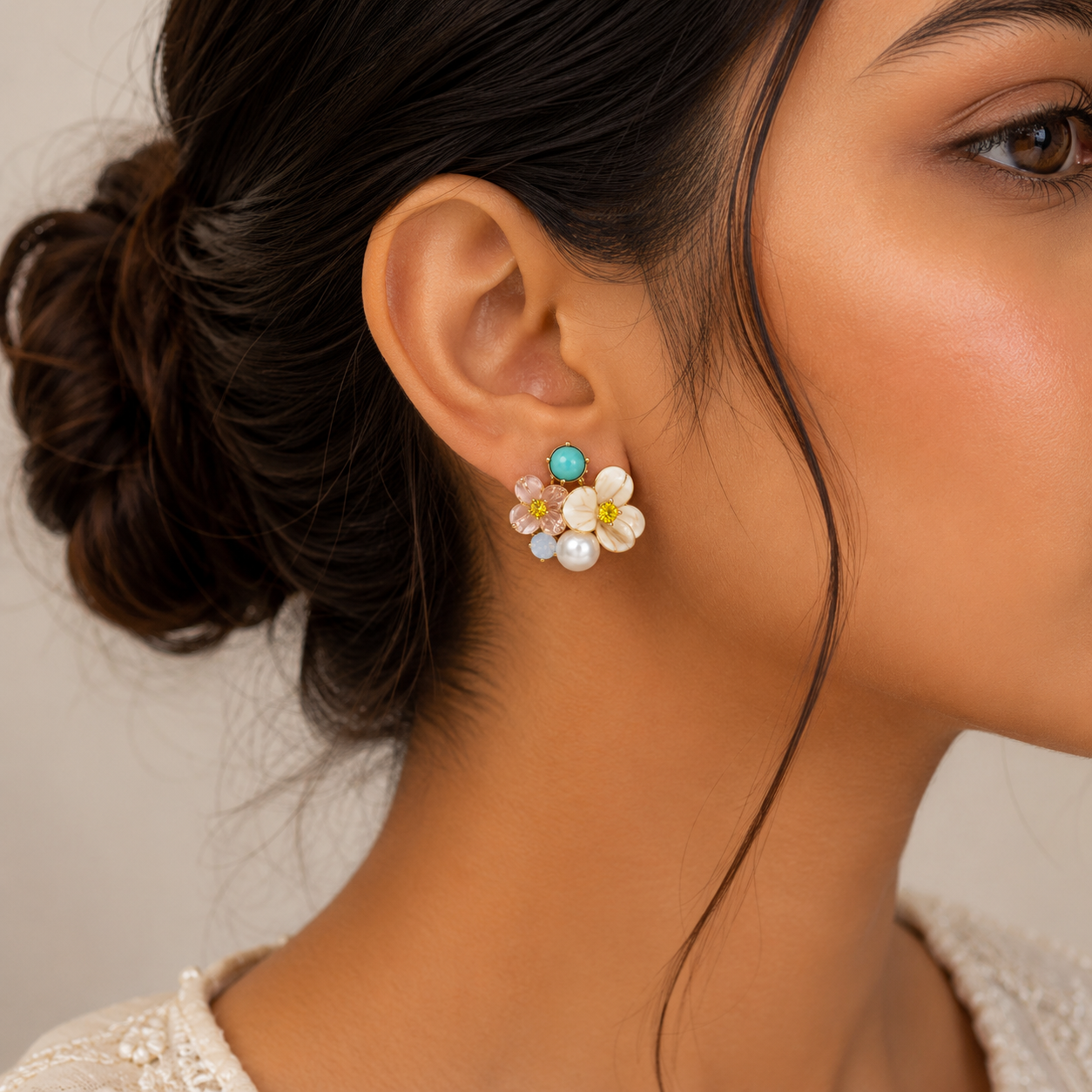 Pastel Blossom Pearl Gold-Tone Stud Earrings