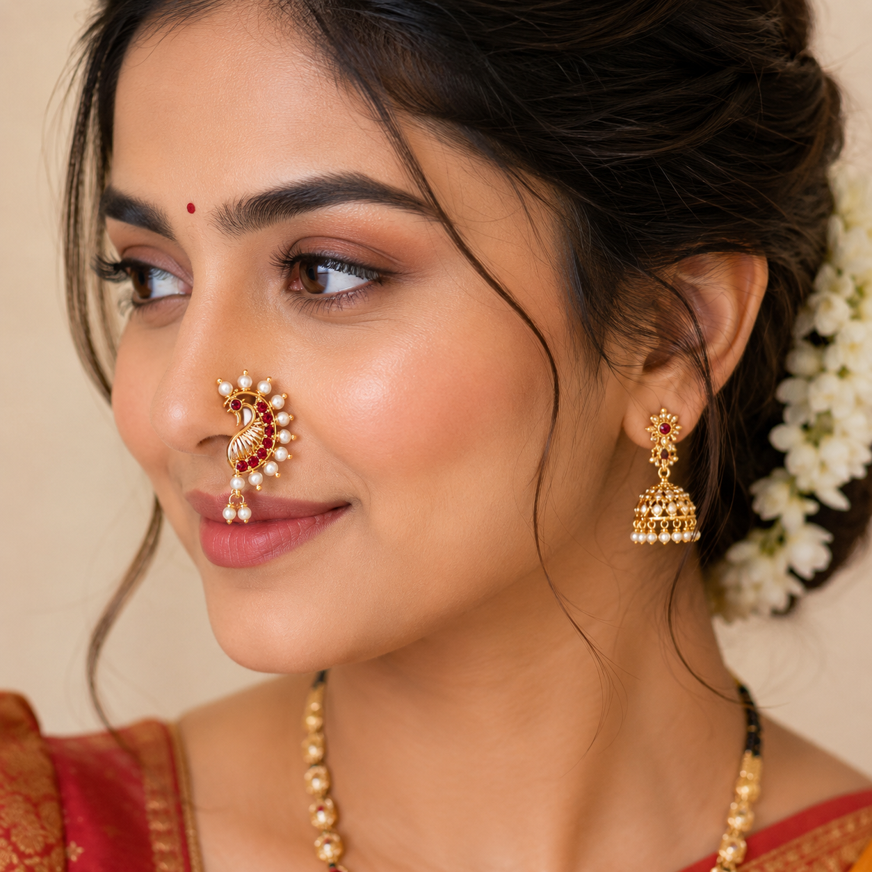 Red Stone Peacock-Style Nose Ring with Pearl-Style Drops