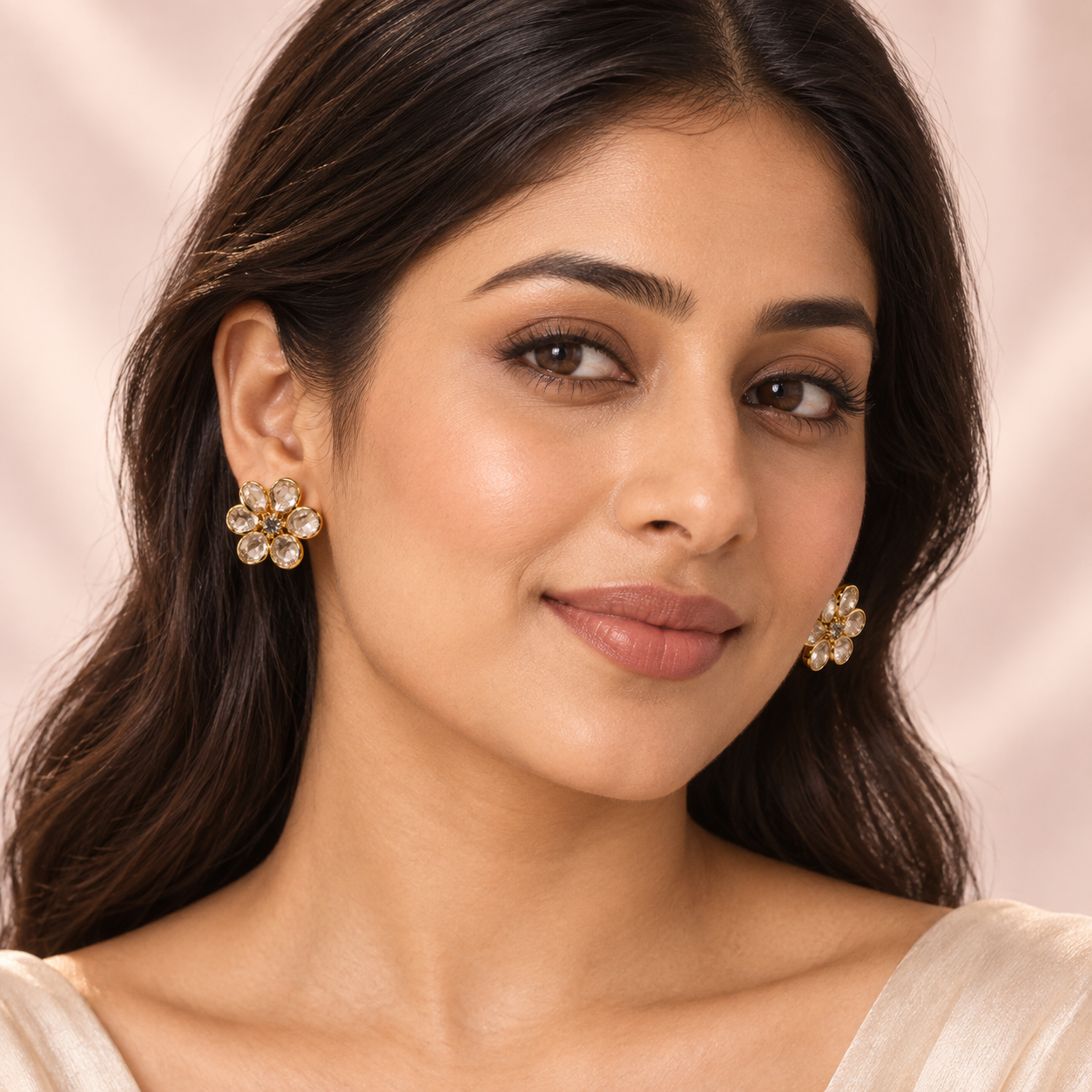 Classic Uncut Kundan Floral Gold Stud Earrings