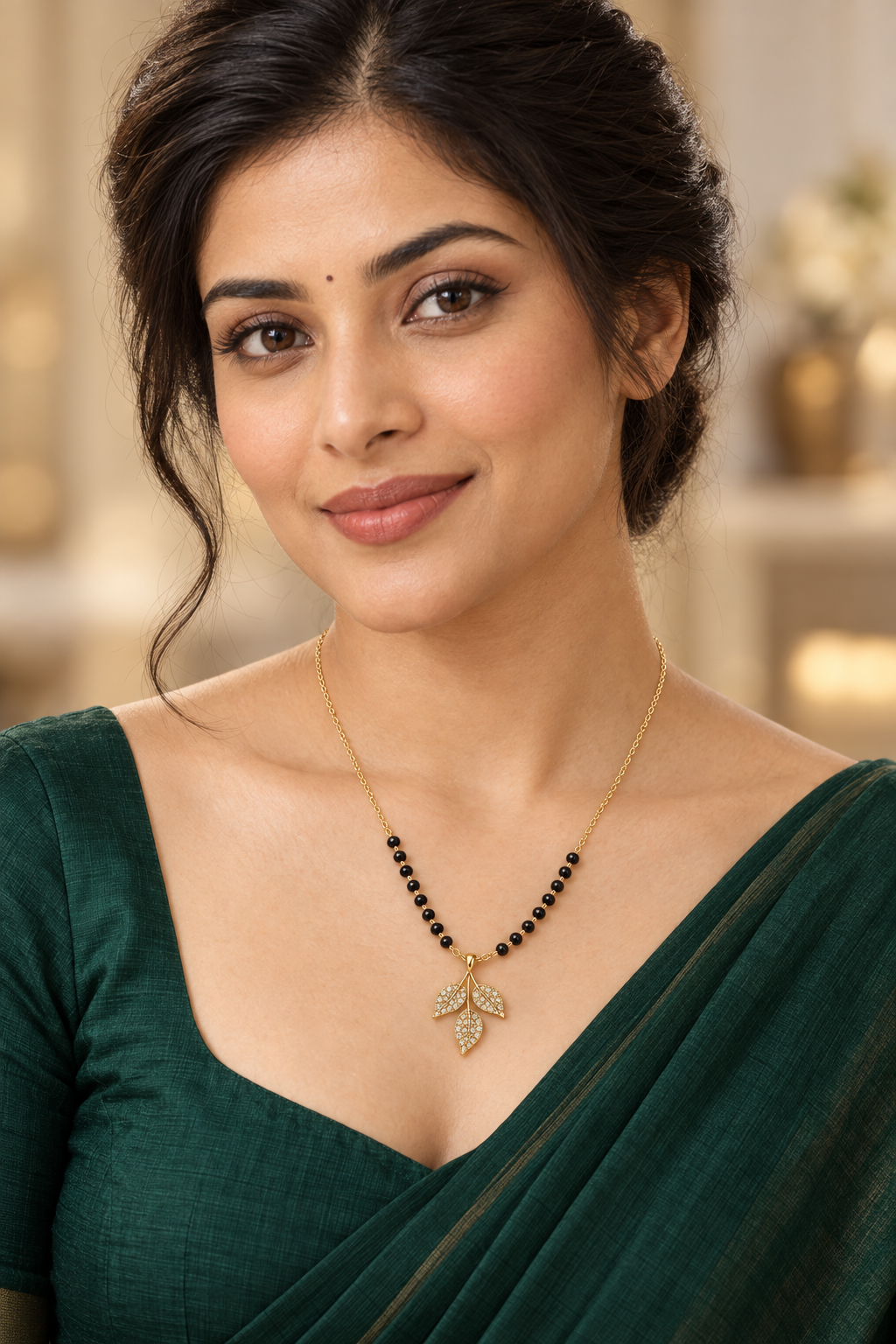Elegant CZ Triple-Leaf Gold Mangalsutra
