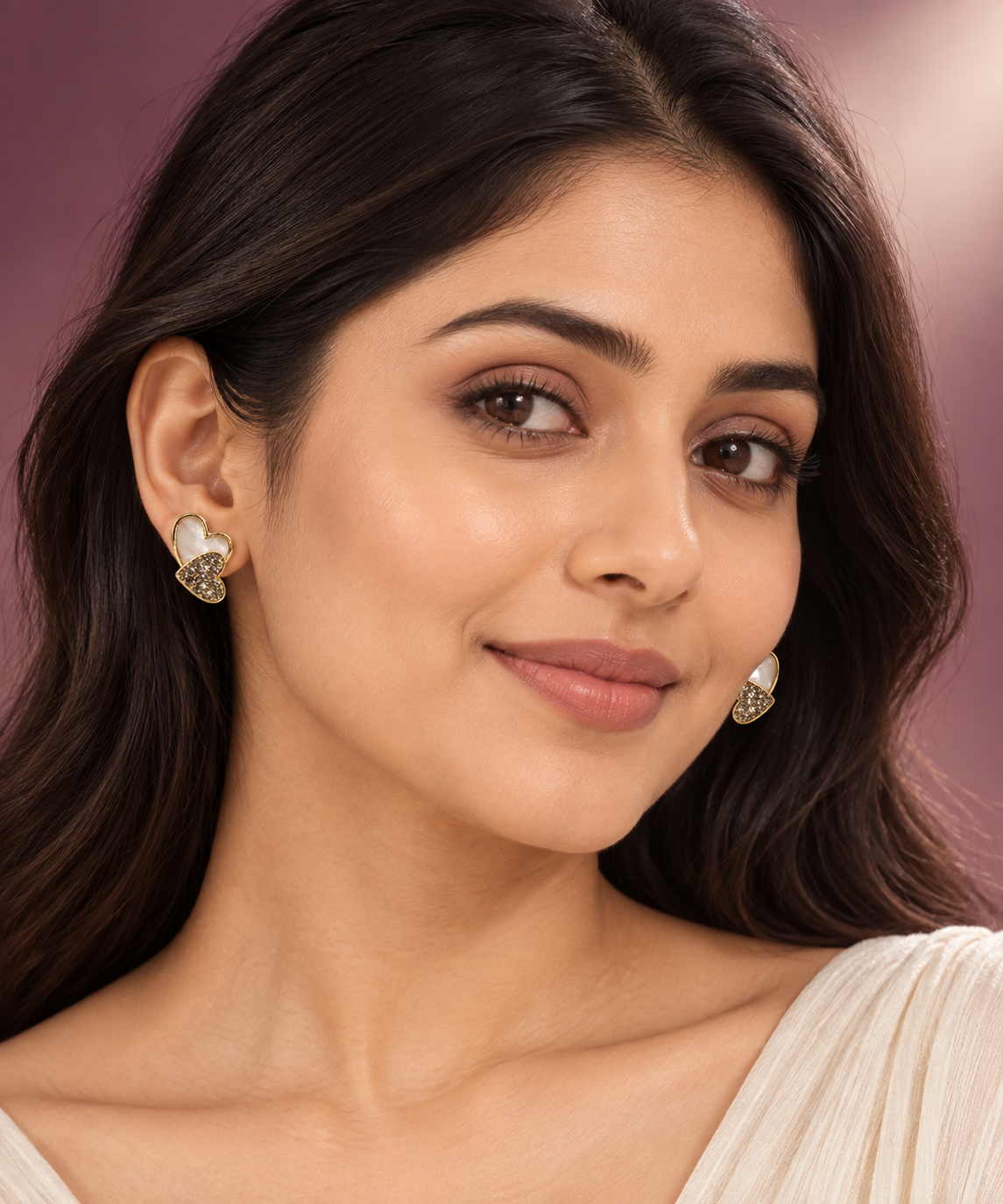 Dual Heart Shell & Pave CZ Gold Stud Earrings