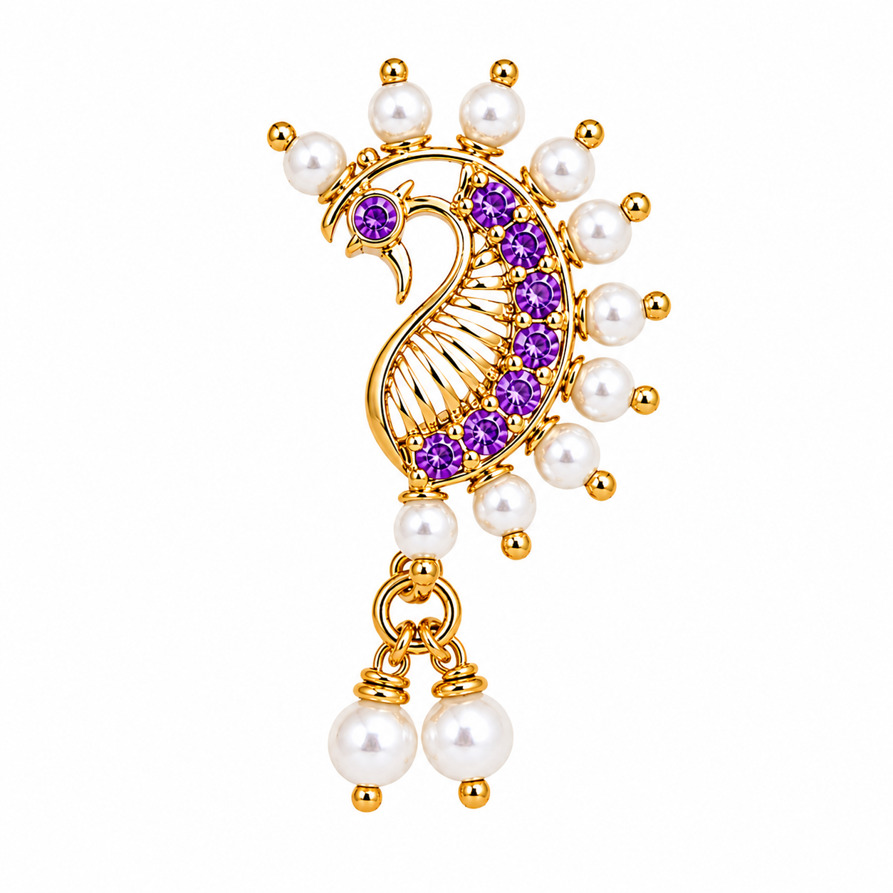 Purple Stone Peacock-Style Nose Ring with Pearl-Style Drops