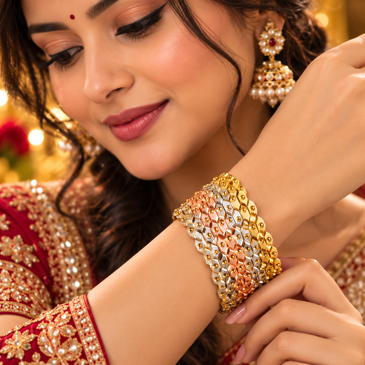 Three-Tone Dotted Tile Bangle Stack