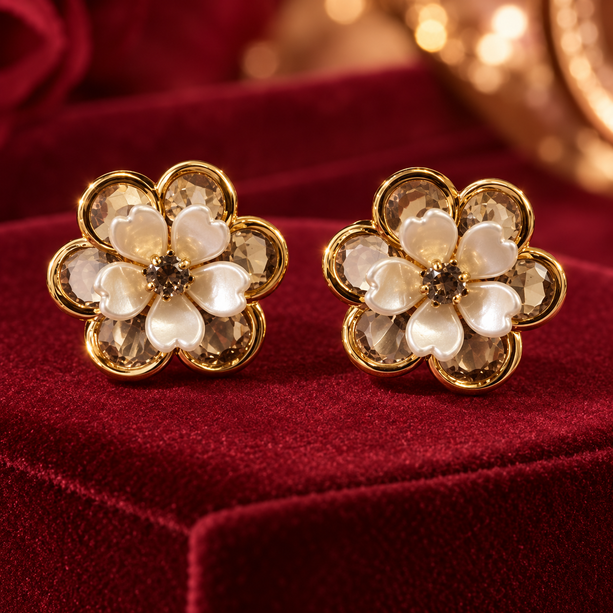 Opulent Pearl Blossom & Gemstone Gold Stud Earrings