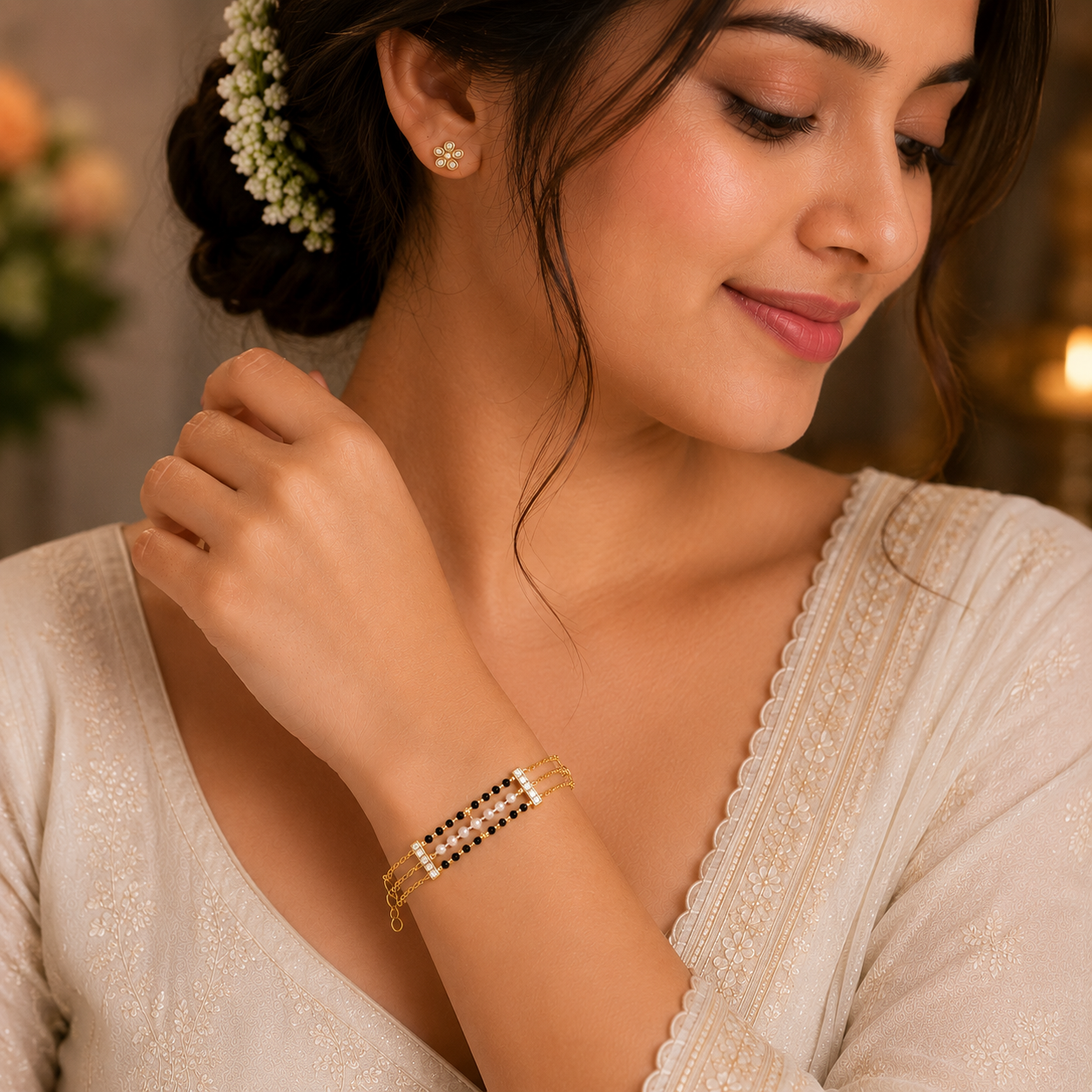 Golden Three-Line Black Bead & Pearl Bracelet