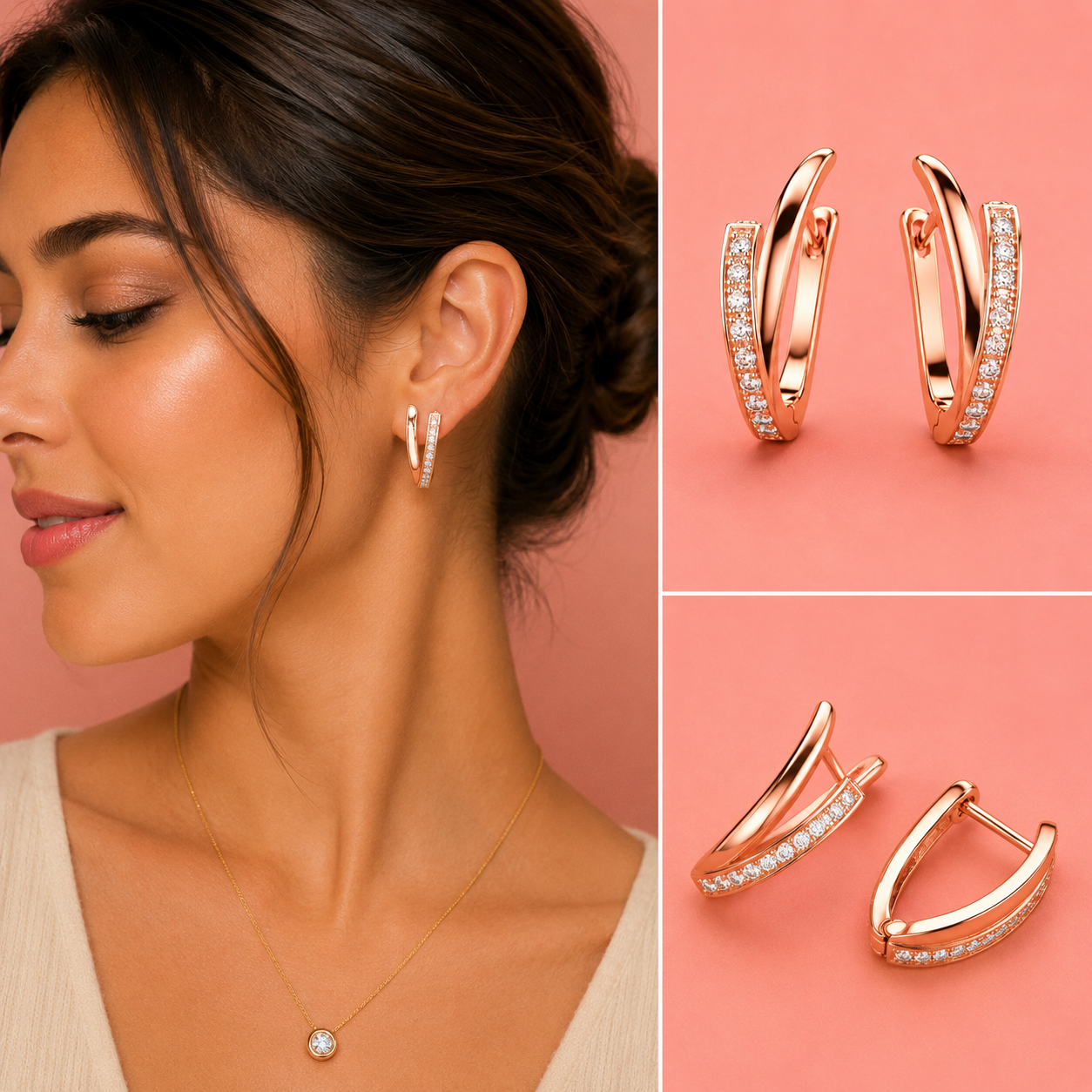 Rose-Gold V-Curve Crystal Hoop Earrings
