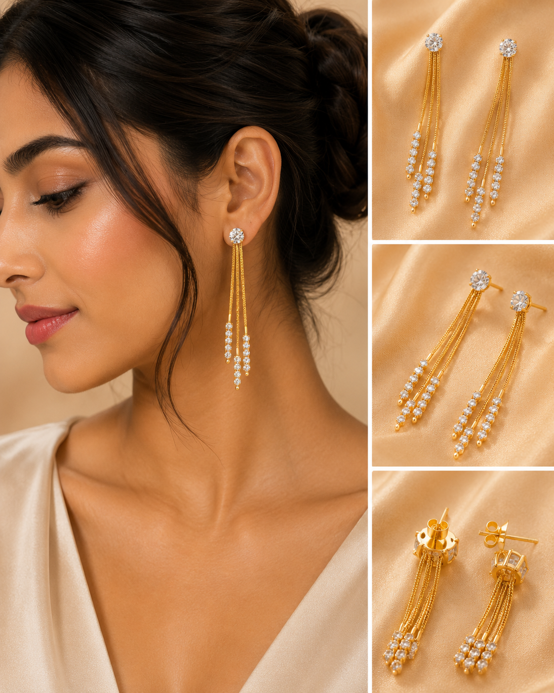Crystal Triple-Chain Tassel Drop Earrings
