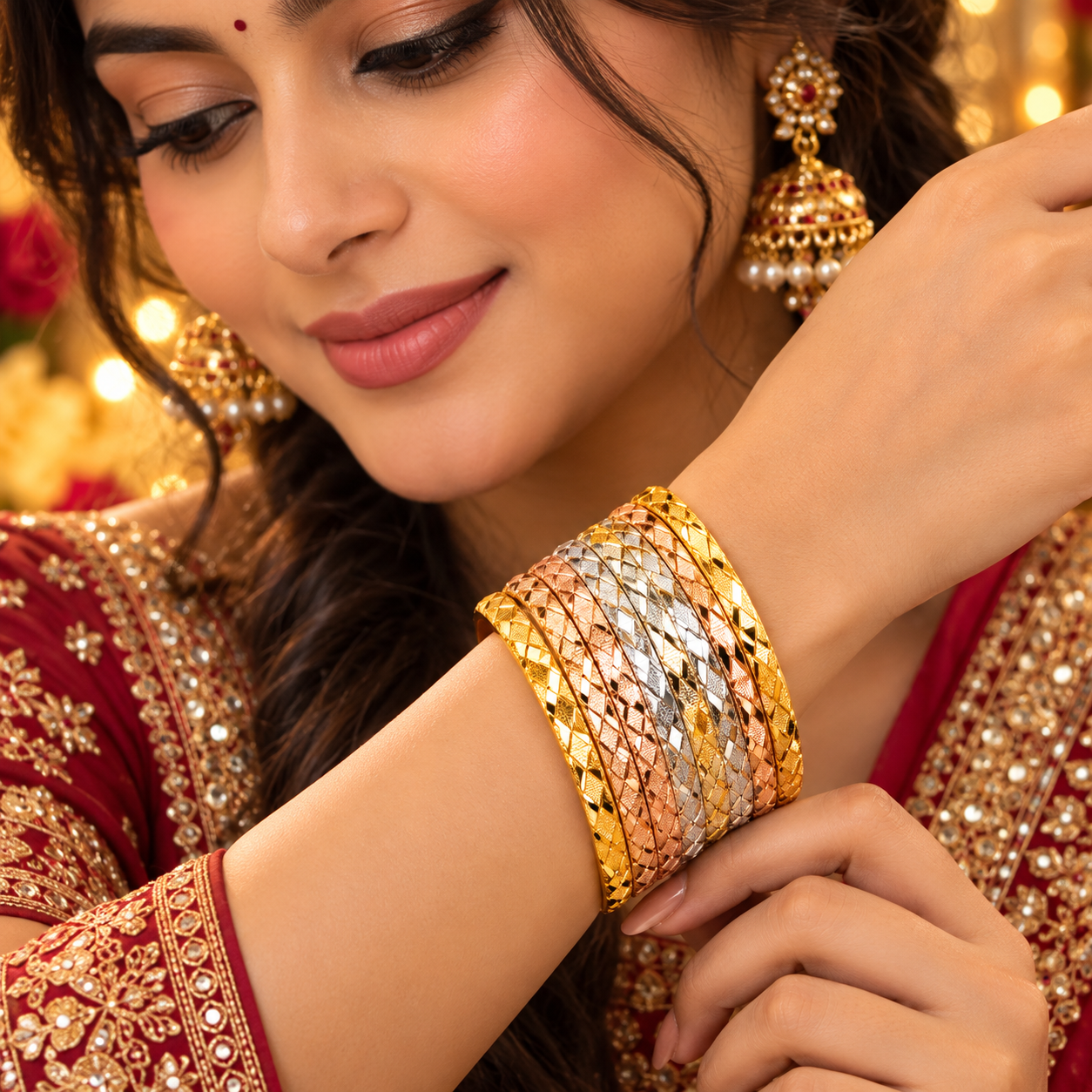 Three-Tone Diamond-Cut Lattice Bangle Stack