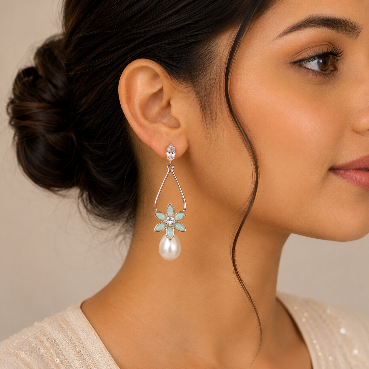 Mint Floral Pearl Drop Earrings