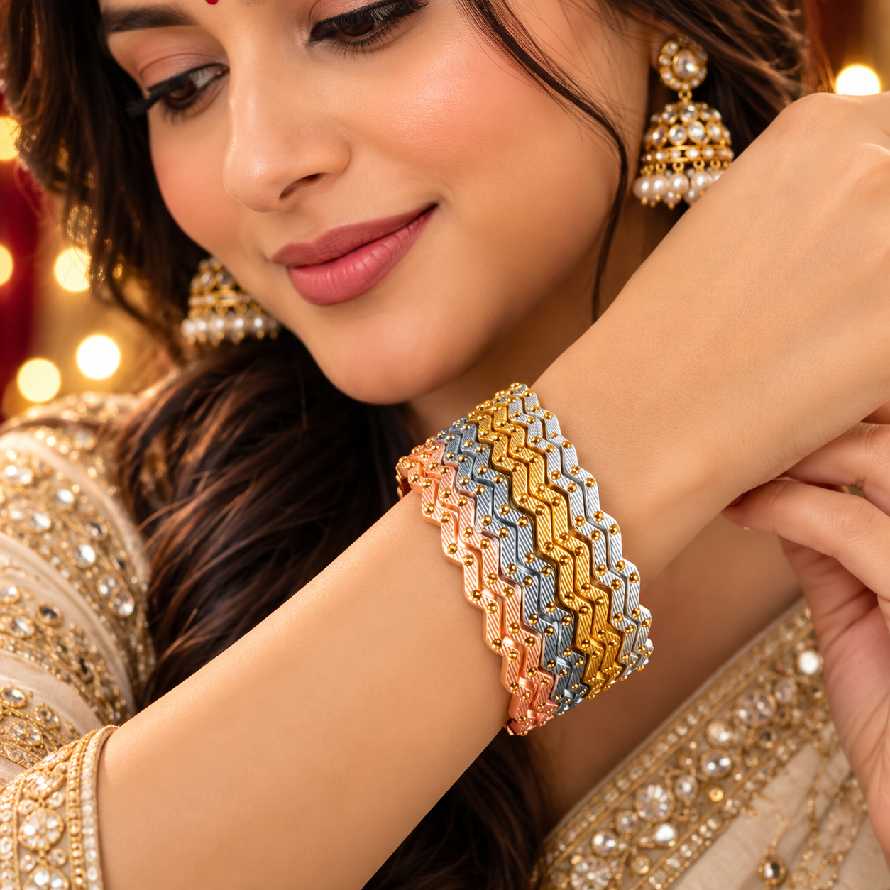 Three-Tone Zigzag Textured Bangle Stack