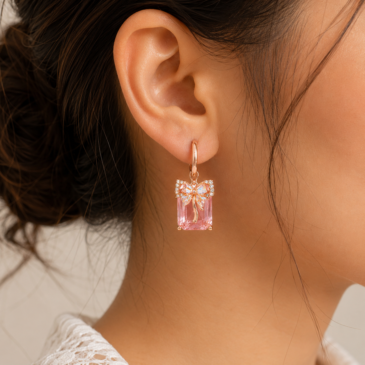 Pink Gift Bow Rose-Gold-Tone Drop Earrings