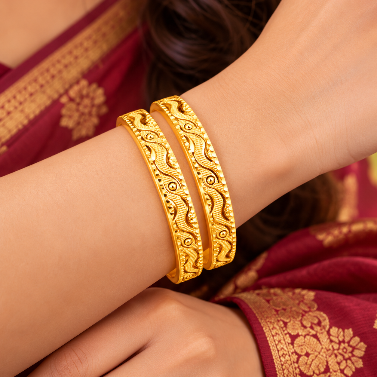 Wave Pattern Gold-Tone Bangles – Set of 2