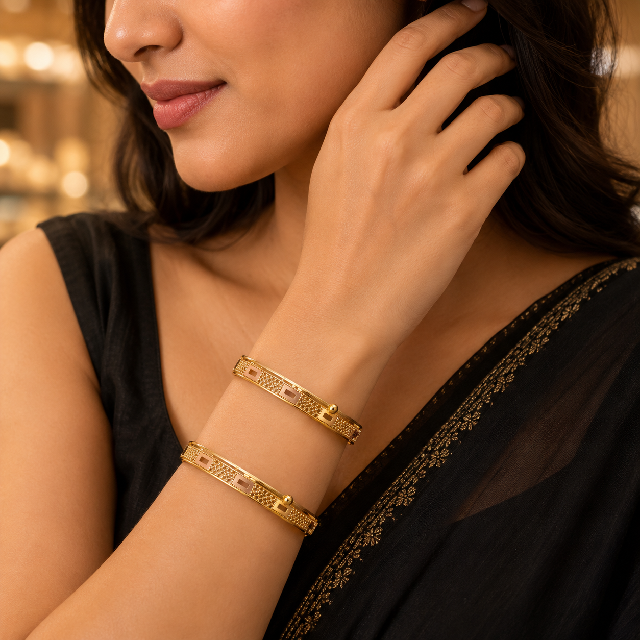 Golden Square Cutwork Textured Bangle Set