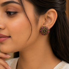 Antique Gold Ruby Floral Stud Earrings