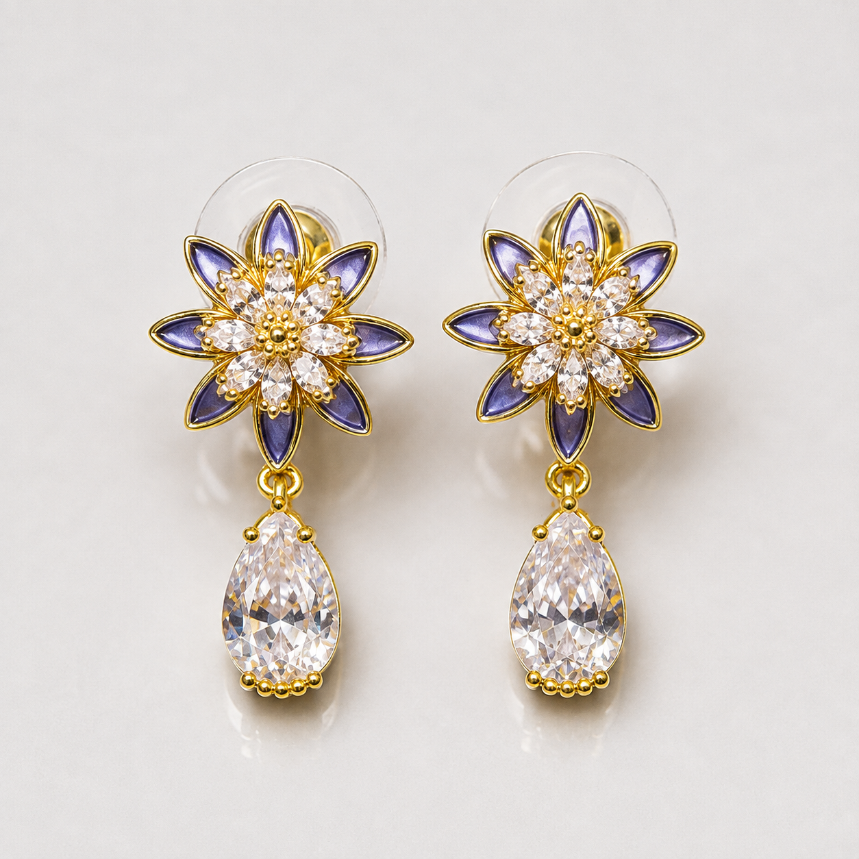 Royal Blue Floral Crystal Drop Earrings