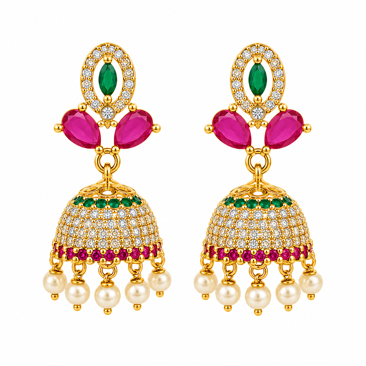 Emerald Ruby Pearl Jhumka Earrings