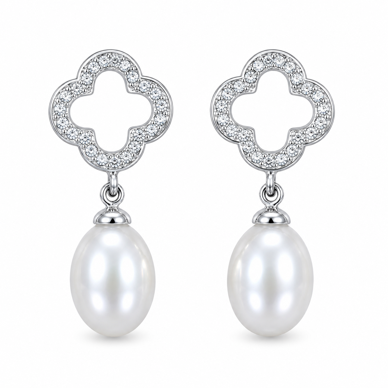 Silver Clover Pearl Drop Earrings