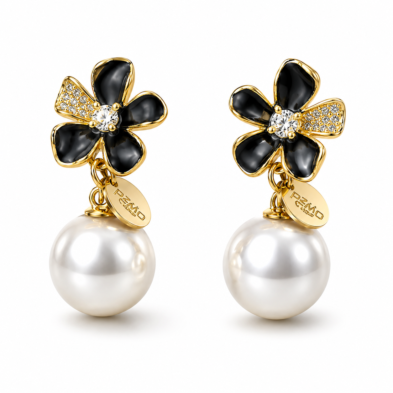 Black Flower Pearl Drop Earrings