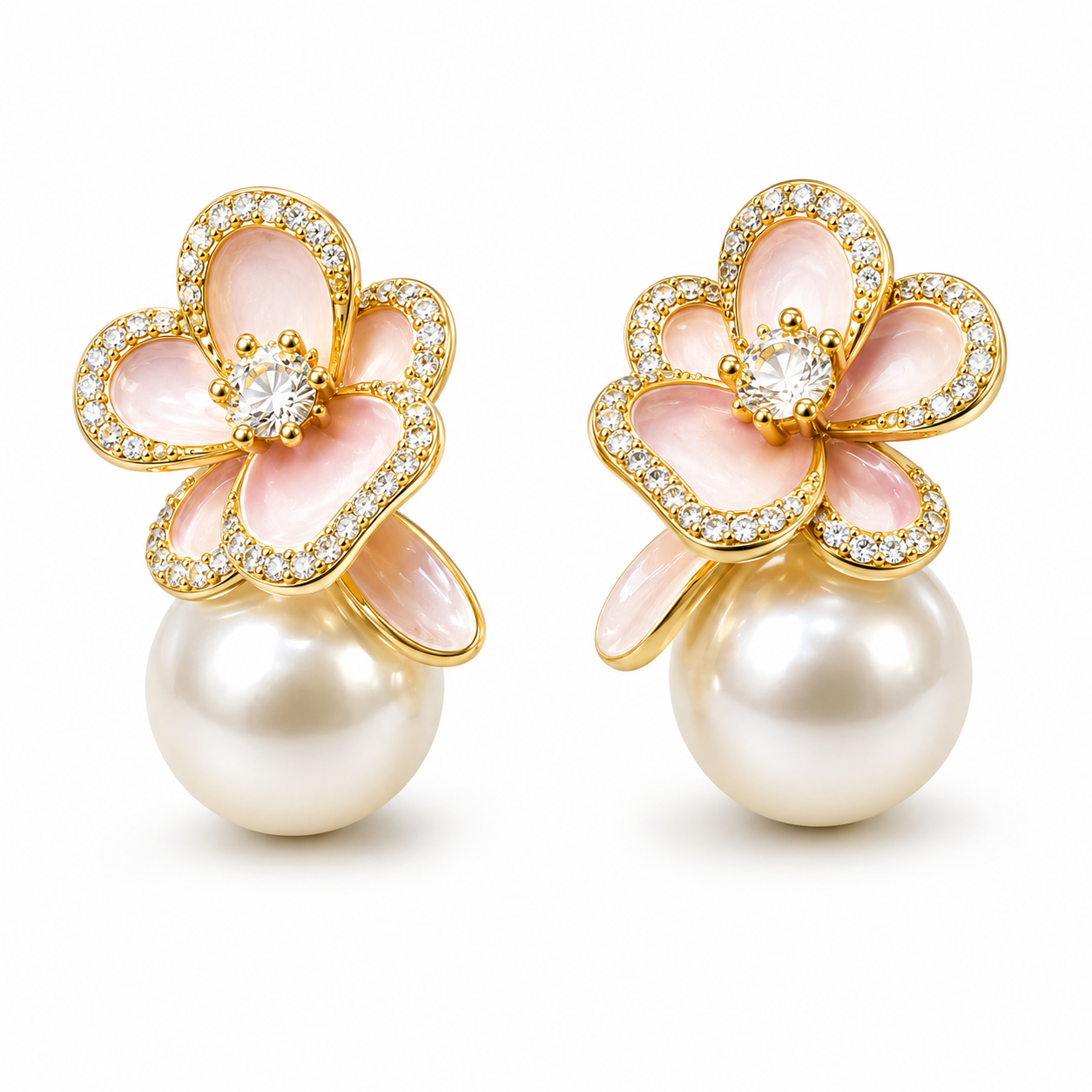Pink Floral Pearl Drop Earrings