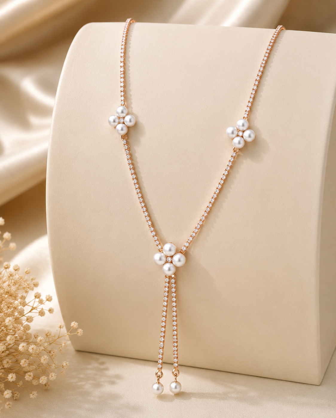 Rose-Gold Pearl Blossom Y-Drop Necklace