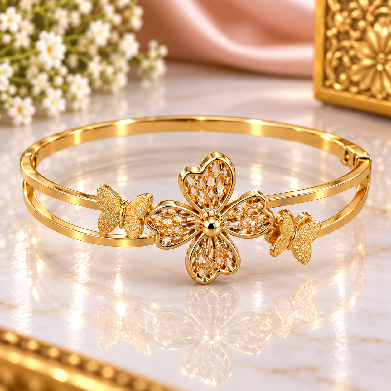 Golden Butterfly & Floral Cuff Bracelet
