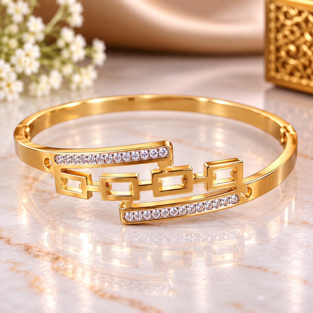 Golden Geometric Link Crystal Bracelet