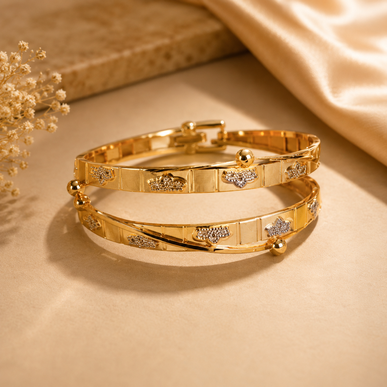 Golden Paisley Crystal Open Bangle Set