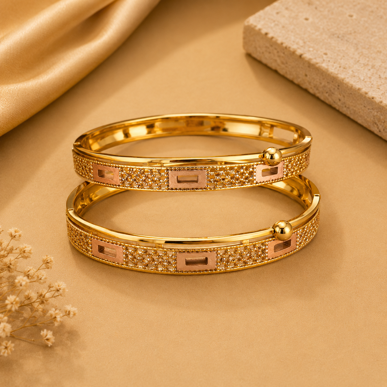 Golden Square Cutwork Textured Bangle Set