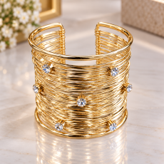 Golden Wire-Wrap Crystal Statement Cuff Bracelet