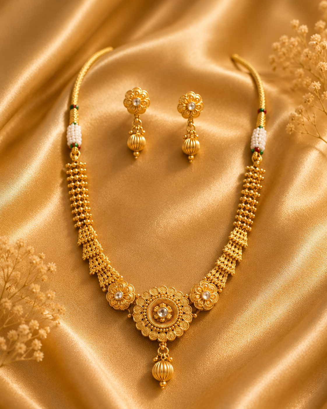 Traditional Floral Gold-Tone Beaded Necklace Set
