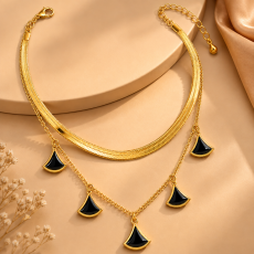 Black Fan Charm Layered Gold-Tone Necklace