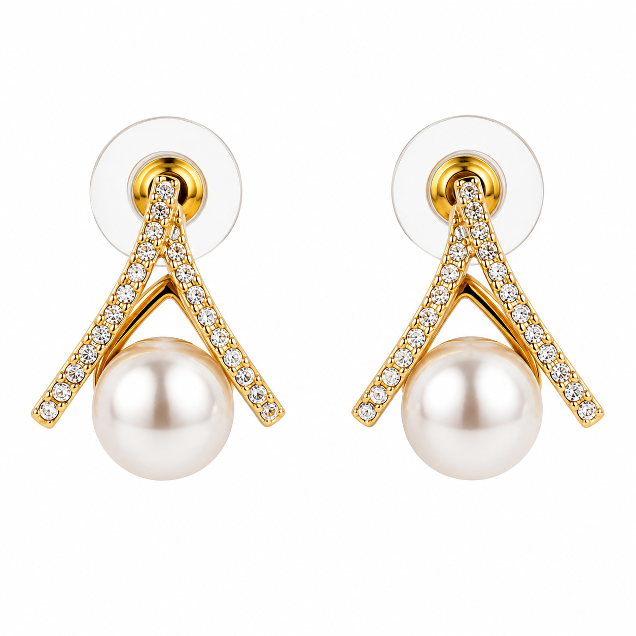 Crystal V Pearl Gold-Tone Stud Earrings