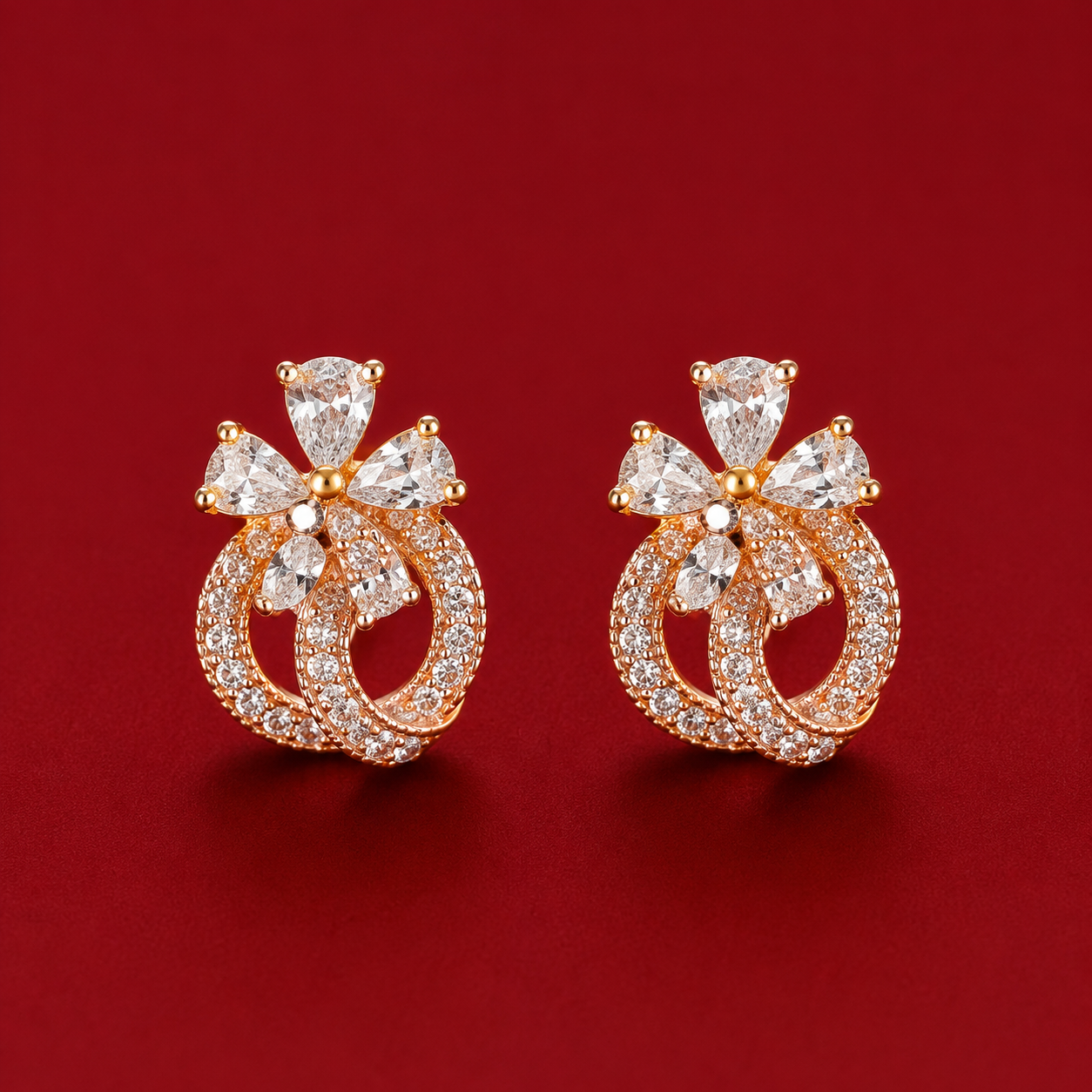 Crystal Bow Loop Rose-Tone Stud Earrings