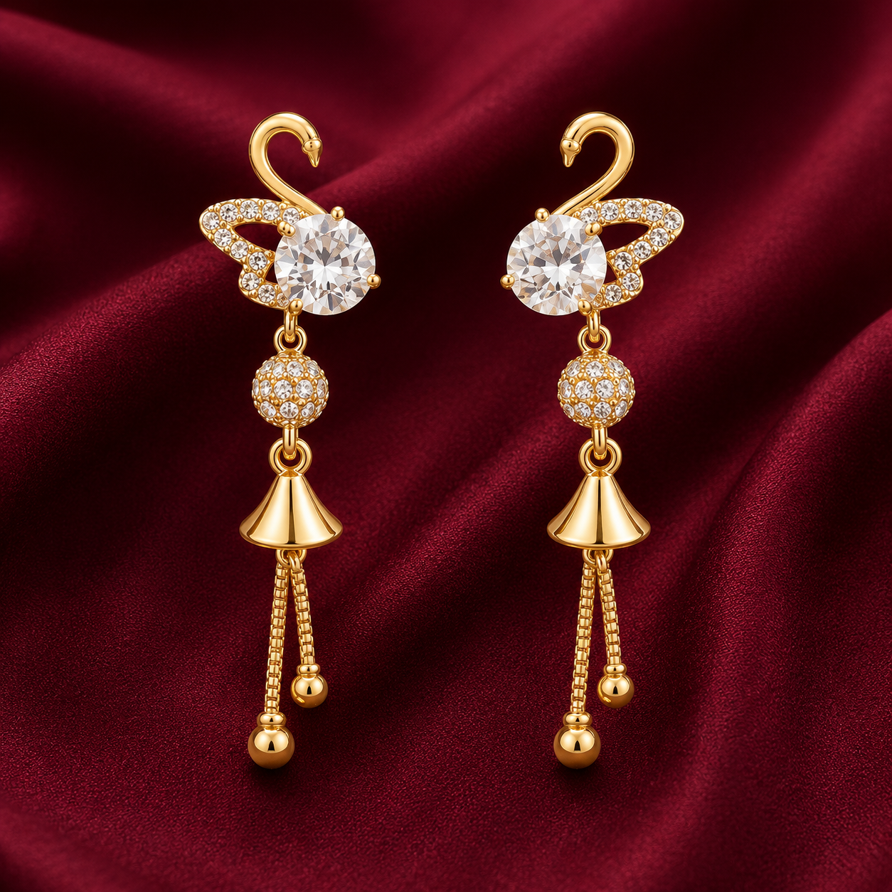 Crystal Swan Gold-Tone Tassel Earrings