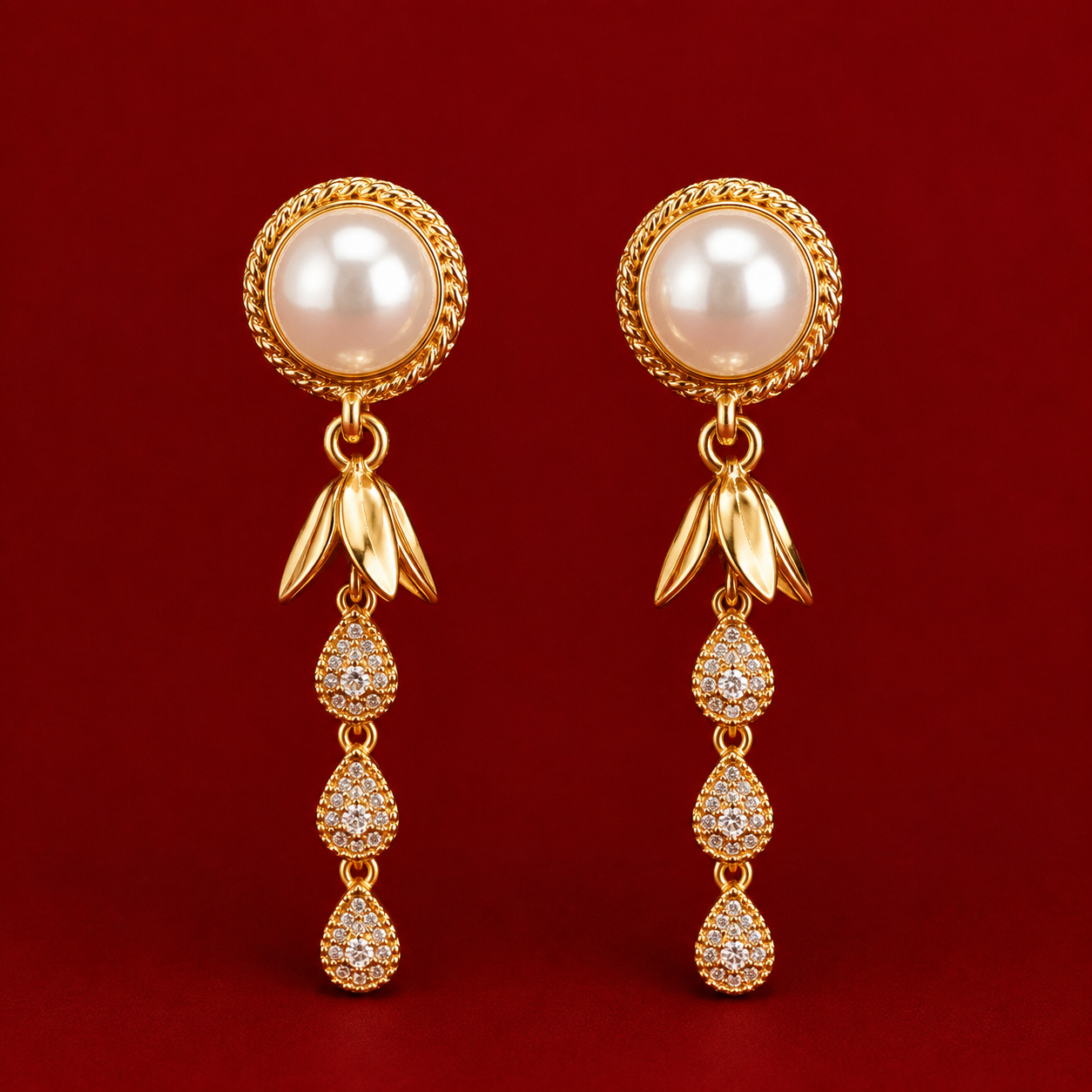 Pearl-Style Triple Teardrop Gold-Tone Earrings