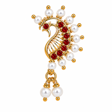 Red Stone Peacock-Style Nose Ring with Pearl-Style Drops