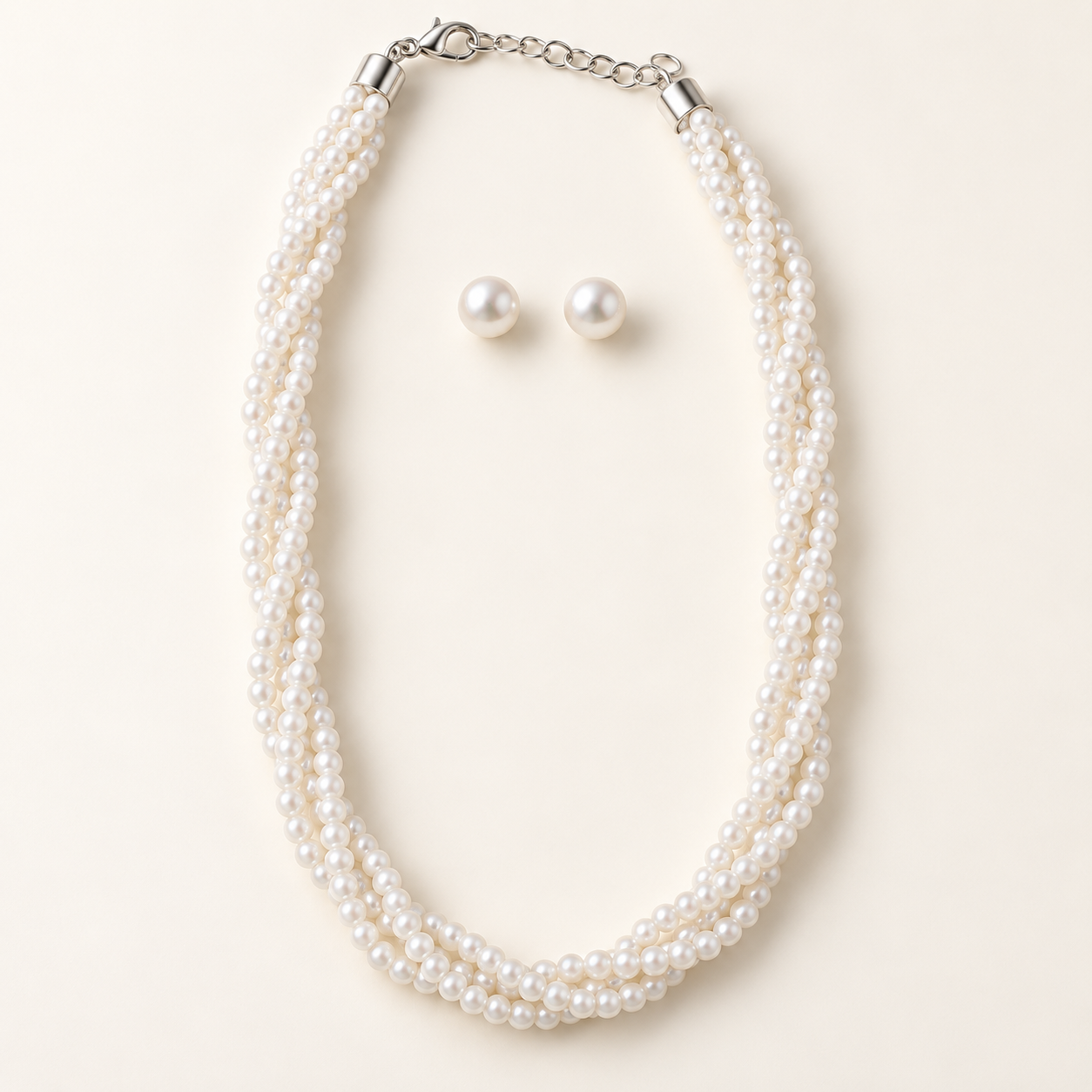 Classic Three-Strand Fresh Water Pearl Necklace with Matching Stud Earrings Set