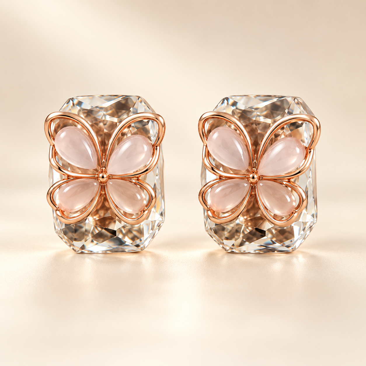 Blush Pink Floral Clover Stud Earrings