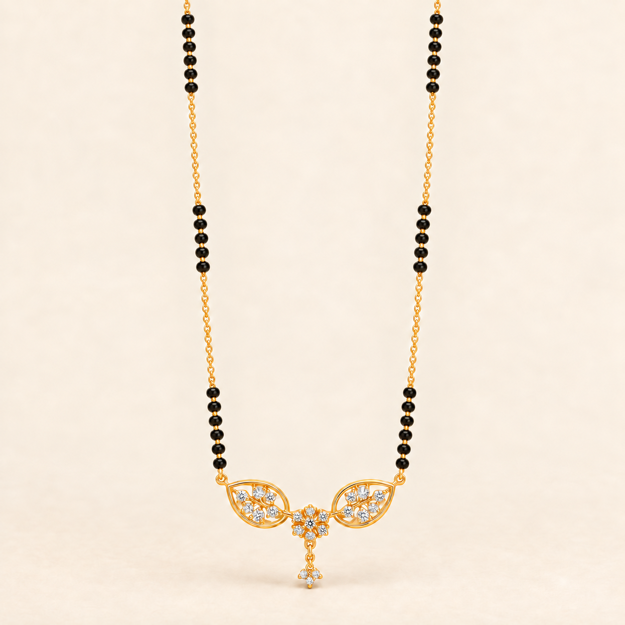 Royal Floral Wing CZ Gold Mangalsutra with Drop Accent