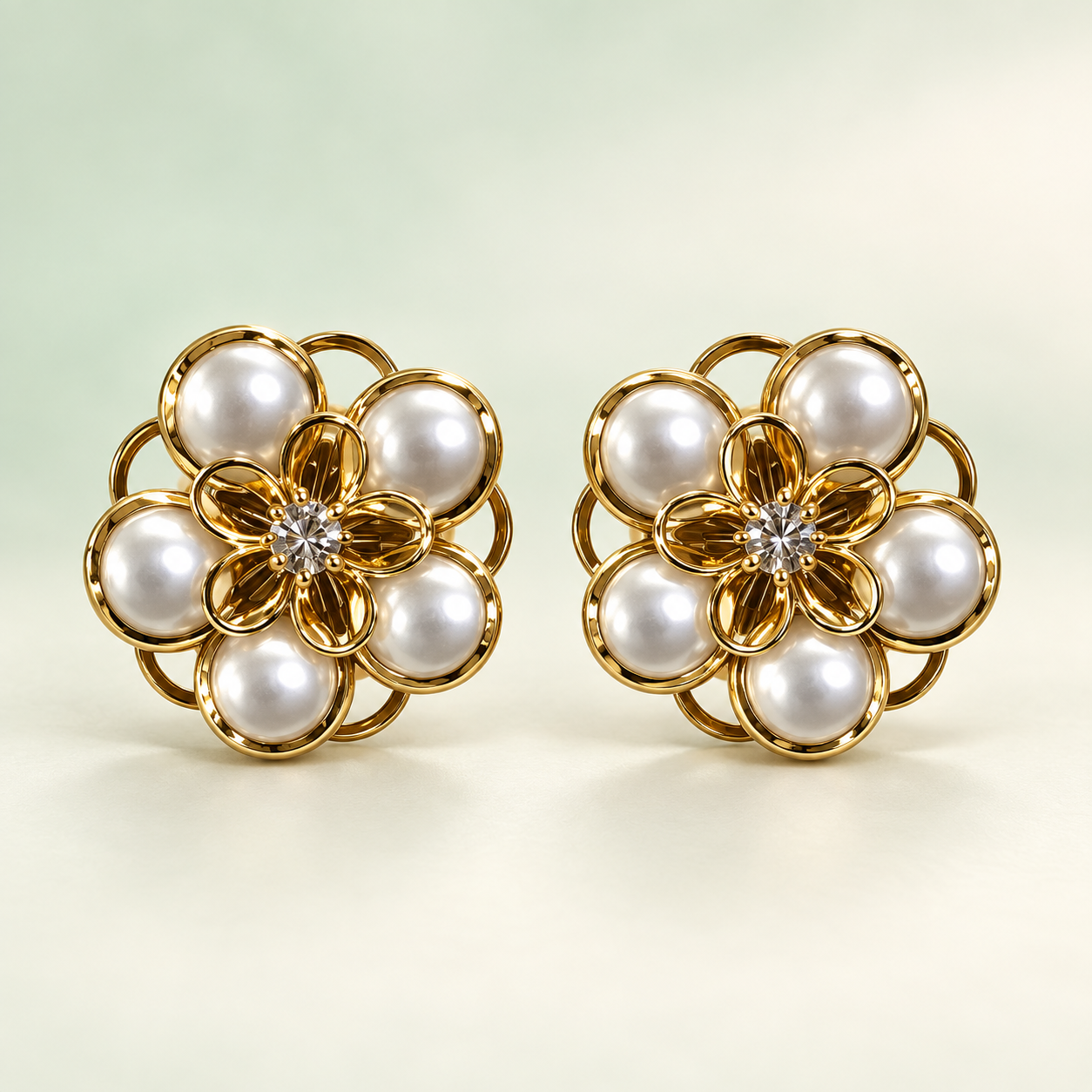 Gold Pearl Floral Cluster Stud Earrings