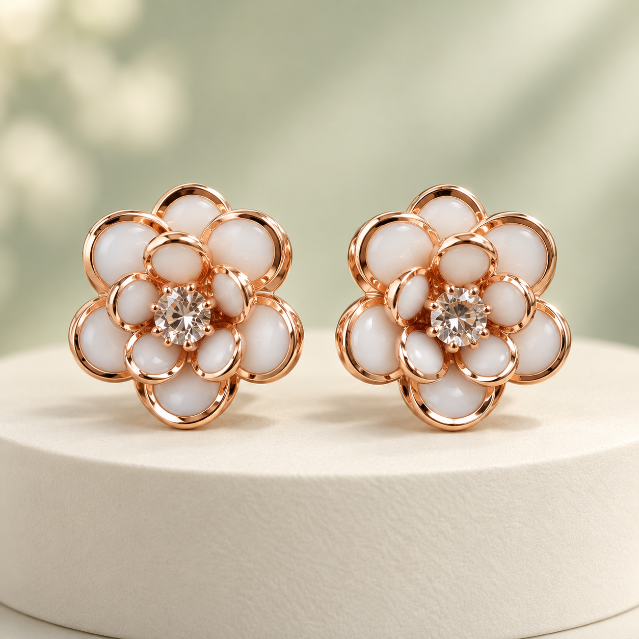 Rose Gold White Enamel Floral Stud Earrings