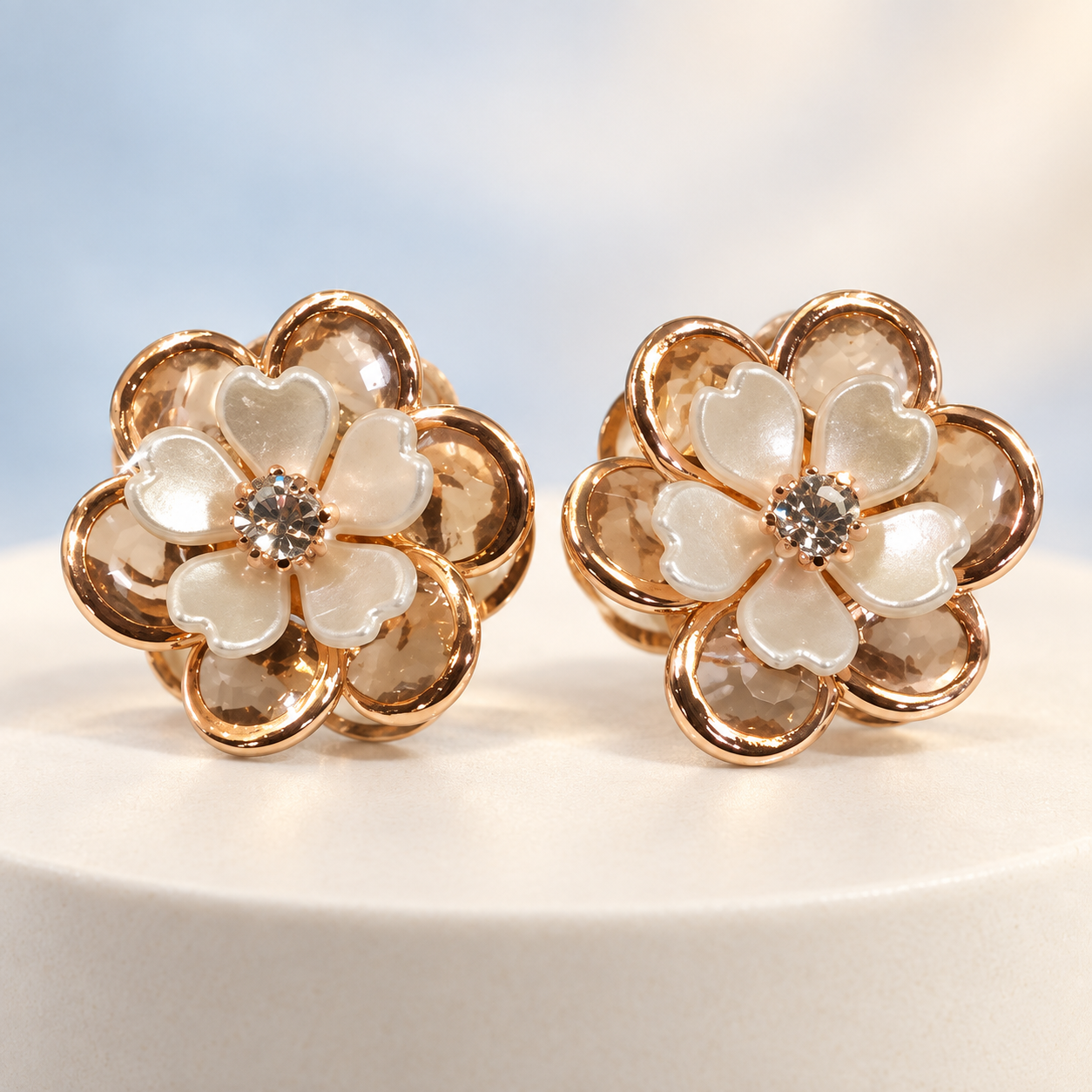 Rose Gold Dual-Layer Enamel Floral Stud Earrings