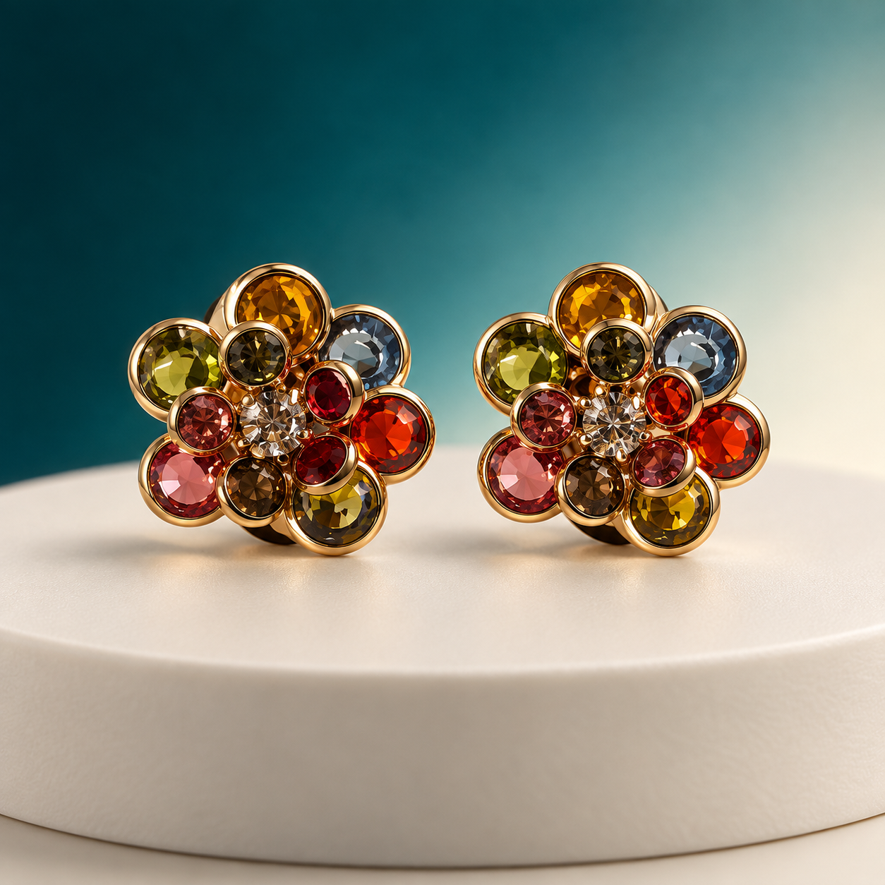 Multicolor Gemstone Floral Cluster Gold Stud Earrings