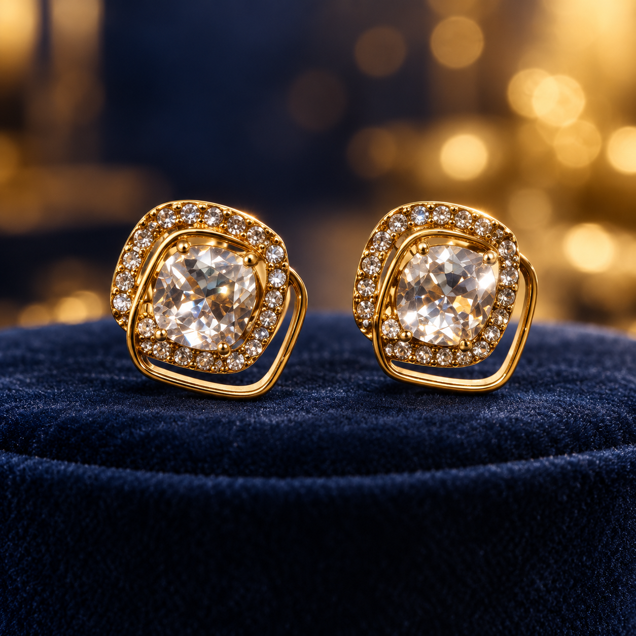 Classic Cushion-Cut Solitaire Halo Gold Stud Earrings