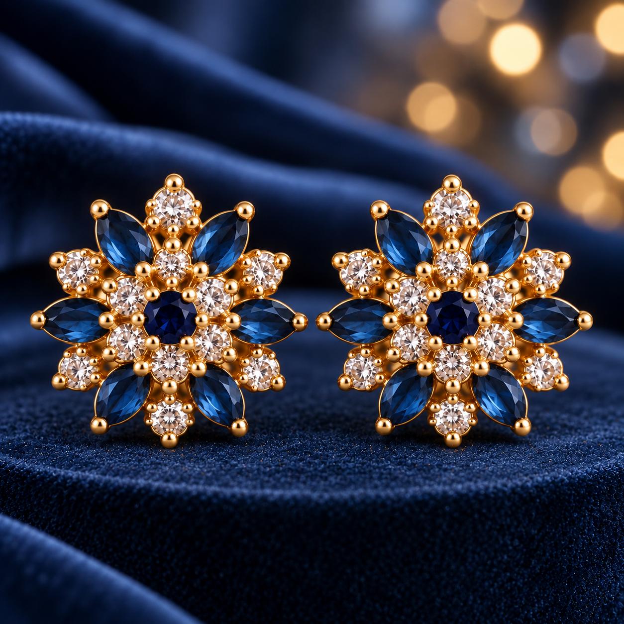 Royal Sapphire Blue Starburst Floral Gold Stud Earrings