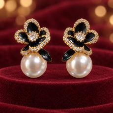 Enamel Floral Pearl Drop Gold Stud Earrings