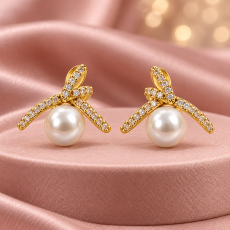 Elegant Ribbon Bow Pearl Gold Stud Earrings