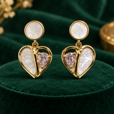 Mother of Pearl & Crystal Heart Drop Gold Earrings