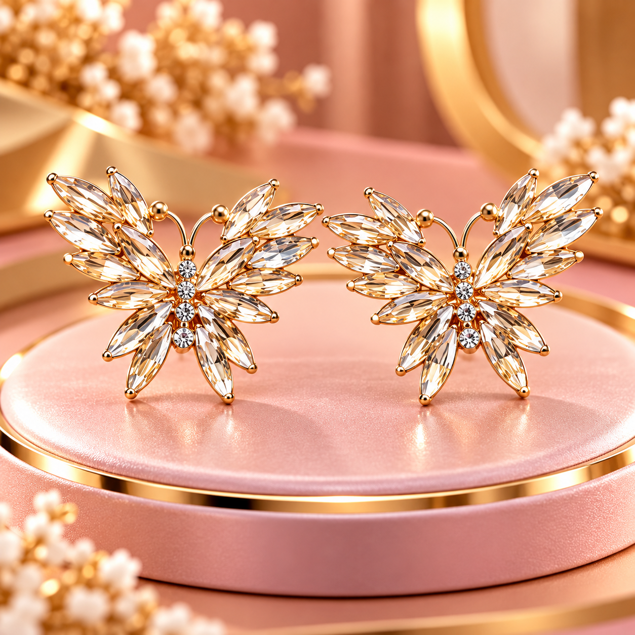 Enchanted Golden Champagne Crystal Butterfly Stud Earrings