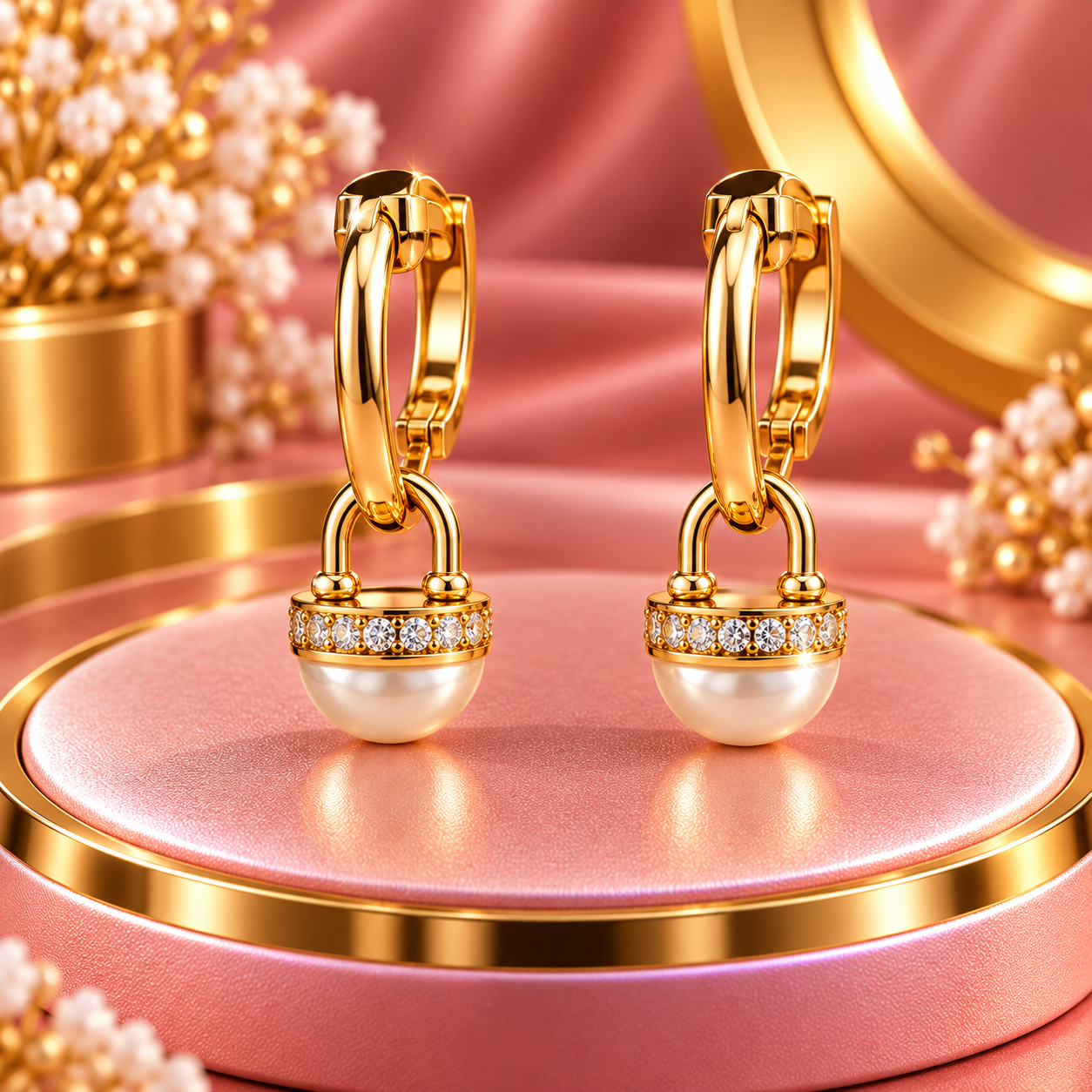 Regal Gold Huggie Hoop Earrings with CZ Pearl Cap Dangle